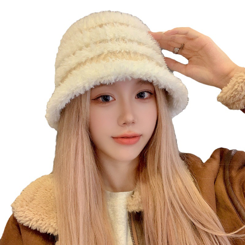 Winter plush warm earmuffs hat for women Japanese style all-match color bucket hat with large head circumference and small fisherman hat