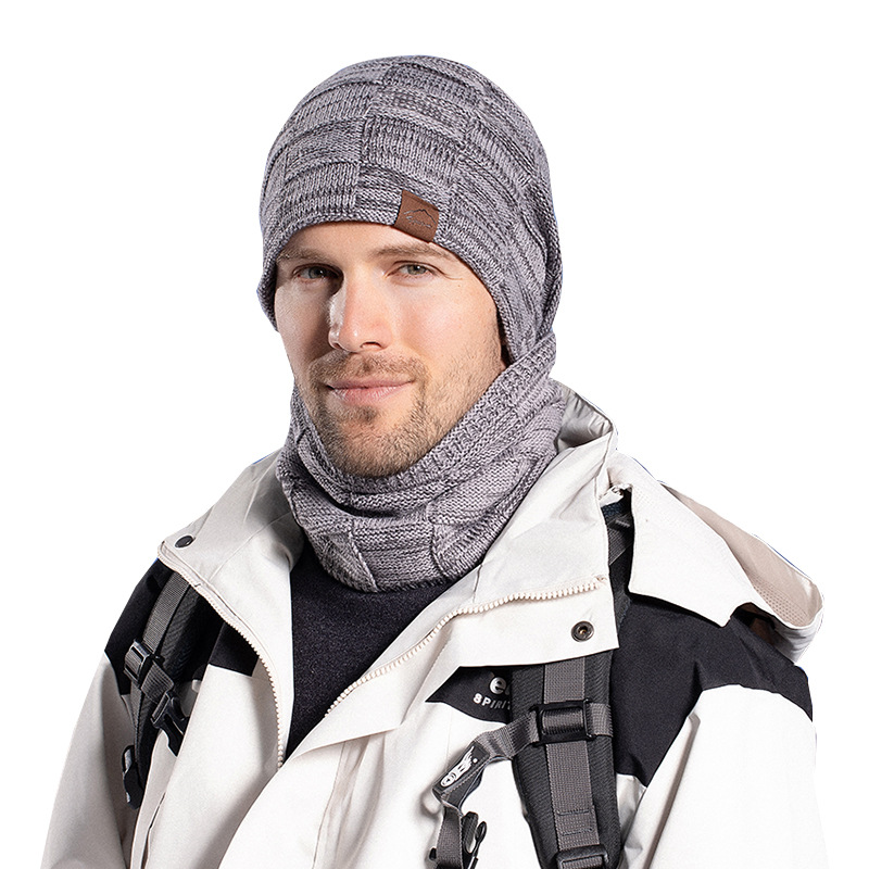 Winter hat pullover cap scarf set plus velvet thick wool hat men's European and American autumn and winter men's knitted hat