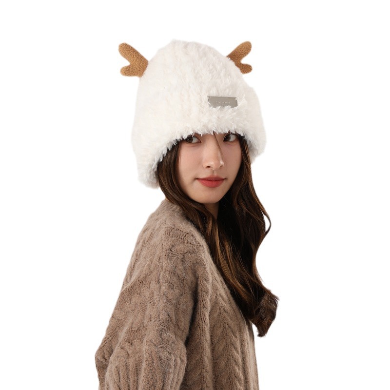 Winter hat for women Korean style cute deer antler fur ball ear protection plush hat Christmas thickened Northeast Lei Feng hat cycling hat