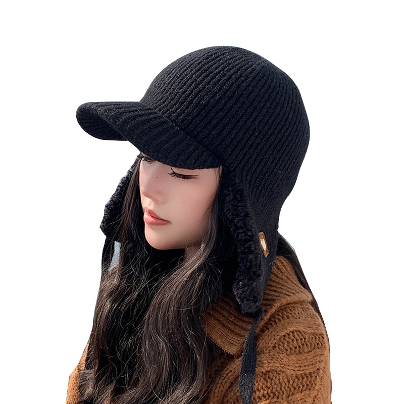 Fashionable warm winter hat simple strap knitted plush hat for women plus velvet thickened cycling windproof hat