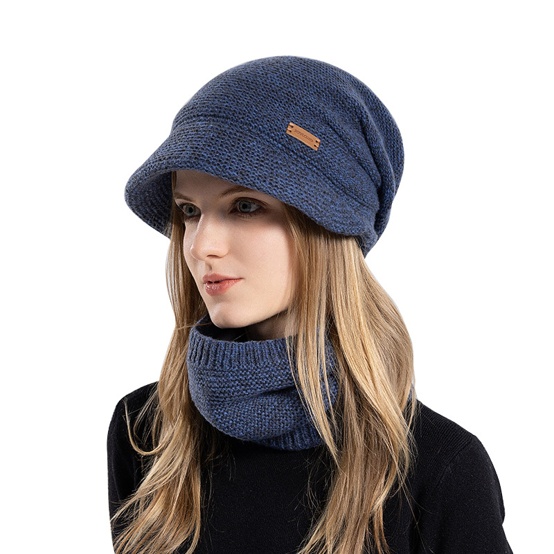 Winter hat scarf set plus velvet cold-proof warm knitted hat women's wool hat with brim and ear protection