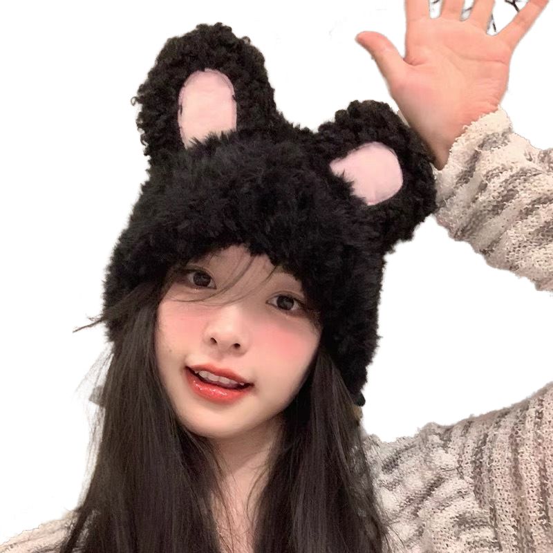 Cute rabbit ears hat white plush autumn and winter warm knitted wool hat women's plush headband cold hat