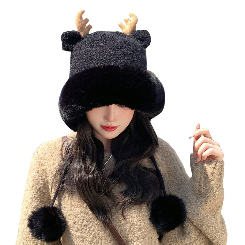 Winter fur ball deer antler knitted wool hat outdoor plush warm hat for women Korean style fashion pullover hat trendy