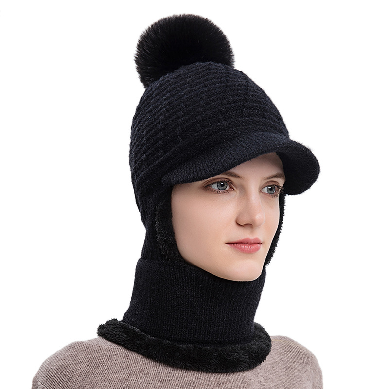 Hat for women autumn and winter warm thickened cycling wool knitted hat all-match winter cold-proof plus velvet outdoor one-piece hat