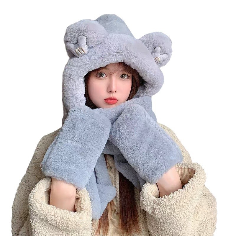 Hat autumn and winter women's new plush hat ladies three-piece set Korean style warm cold hat scarf gloves all-in-one winter