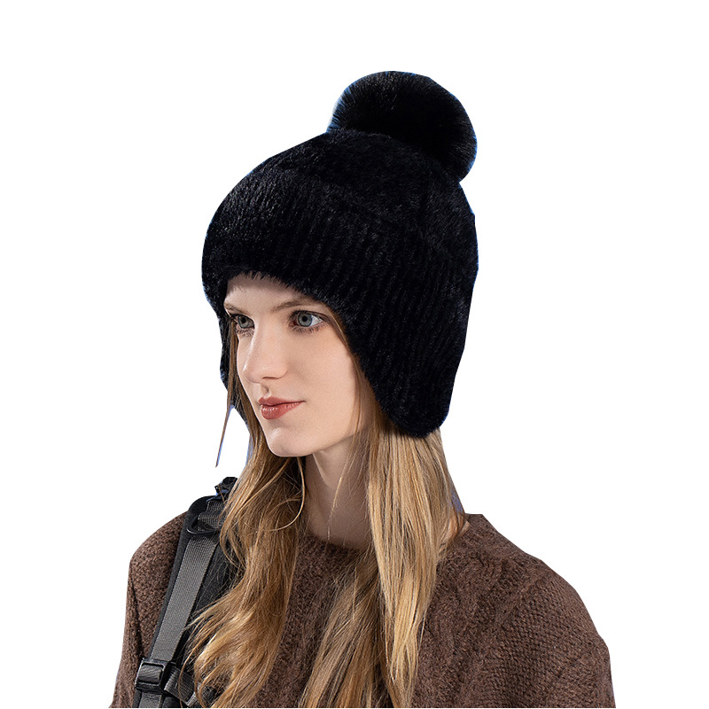 Winter new ear protection knitted hat Korean style versatile wool hat plush cold-proof warm fur ball hat women's trendy