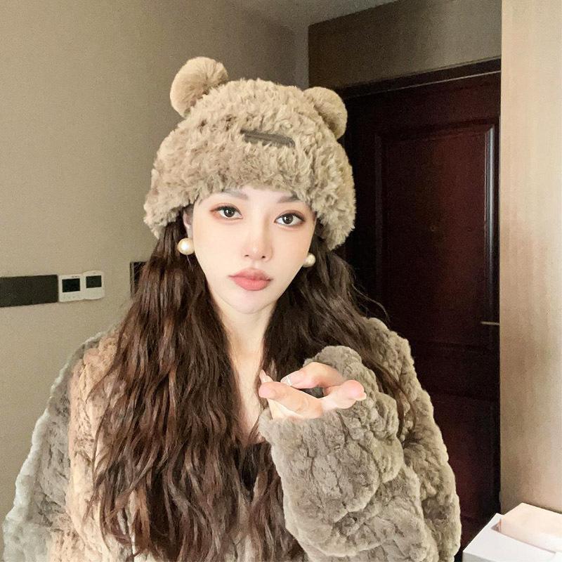 Winter Internet celebrity new plush hat for women Korean style bear ears warm hat loose fashion face small pullover hat