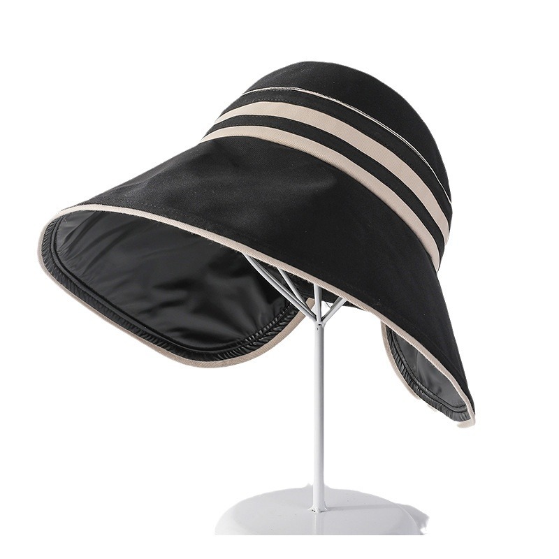 High-SPF UV protection visor hat, new Korean style striped black vinyl sun hat, spring/summer new simple hat, foldable.
