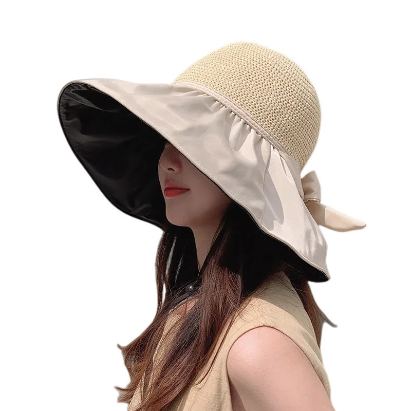 Women's Summer Popular Sun Hat, Wide-brimmed, UV-protective Fisherman Black Vinyl Hat, Korean Style Sunshade and Sun Protection Hat