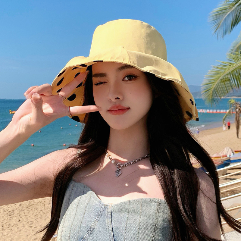 Women's Summer Fisherman Hat, 2025 New Style, Outdoor Polka Dot Bow Sun Hat, Korean Style Foldable Wide-brimmed Hat