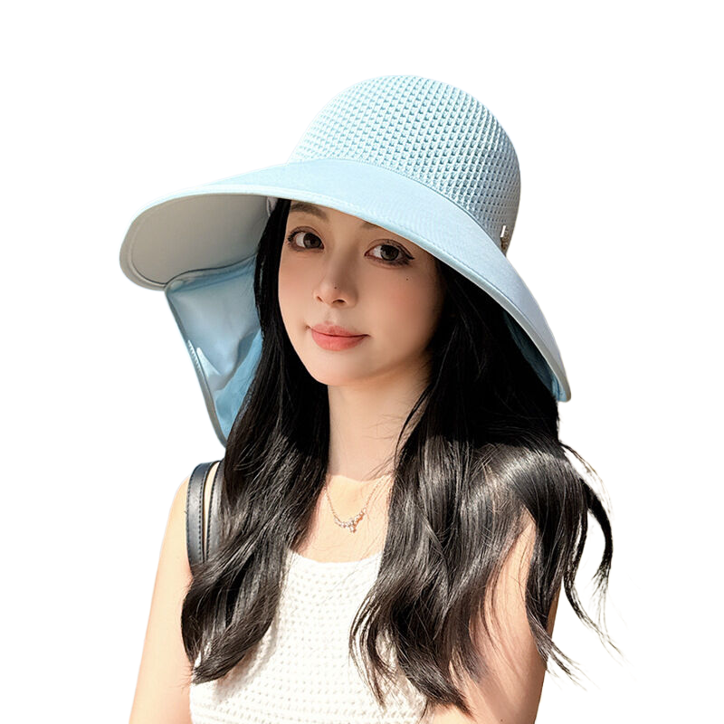 New summer women's hat, high-end style, rhinestone-embellished, letter-label sun protection hat, open top, bow neck protector shawl hat.
