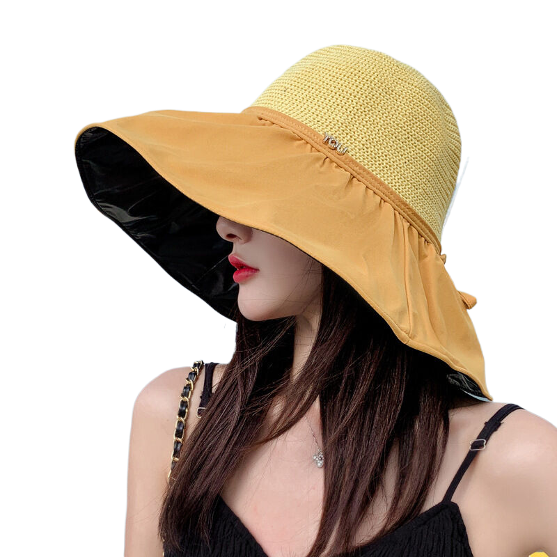 Women's Black Vinyl Sun Hat, Extra Large Brim, UV Protection, Foldable, Face Coverage, Breathable