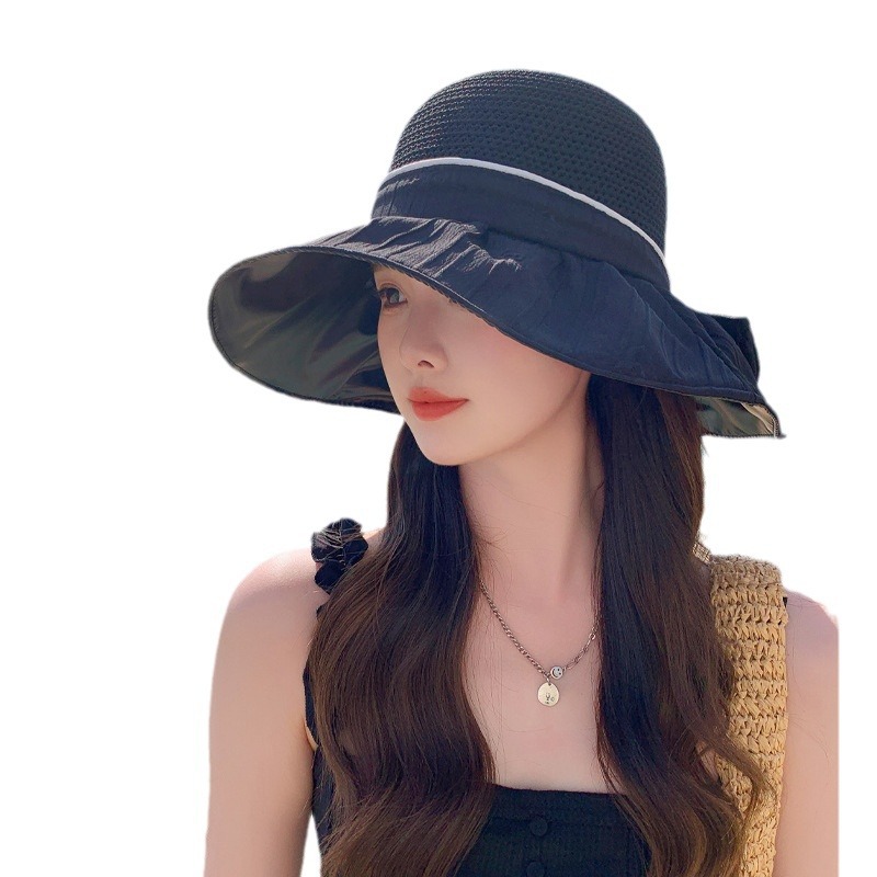 New Spring/Autumn Women's Hats, Fashionable and Versatile, Bow-Knot Colored Glue Sun Protection Hats, Summer Embossed Wide-Brimmed Sun Hats