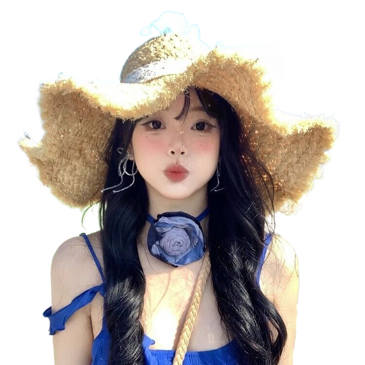 Lace bow raffia straw hat for women, summer beach vacation straw sun hat, sun protection hat