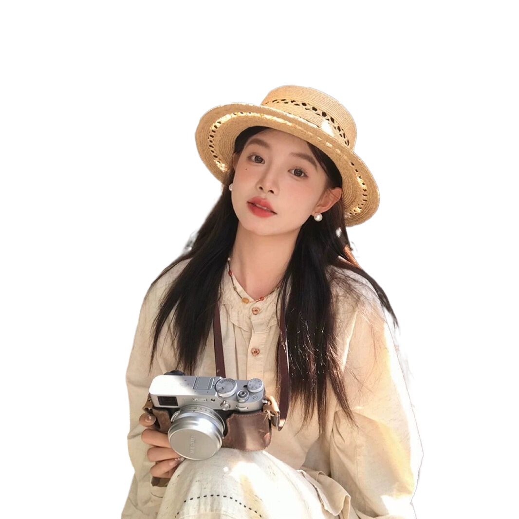 French-style straw flat-top hat, raffia straw sunshade, beach retro sun protection hat, openwork design, perfect for outings.