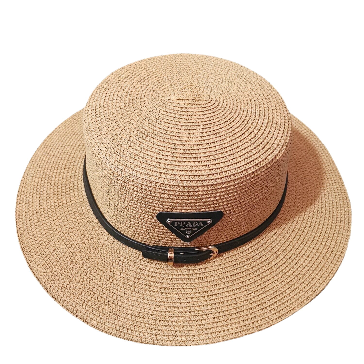 Women's straw hat with leather belt, triangular metal logo, spring/summer fashion, vacation beach sun hat.