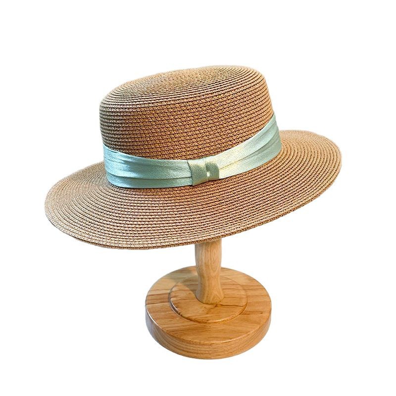 French-style flat-top straw hat for women, 2025 new summer British style beach vacation sun protection straw hat