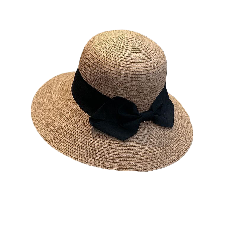 Women's summer straw hat, face-slimming, foldable, sun-protective, woven straw beach hat with bow.