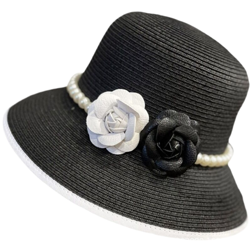 Women's round-top straw hat, summer outdoor sun hat, sun protection, face covering, fisherman hat, pearl flower basin hat, straw woven cool hat