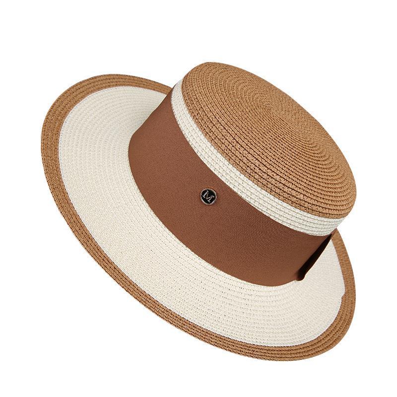 Flat-top color-blocked straw hat, Korean style, summer beach sun protection hat, hat, fedora, M-letter fisherman hat