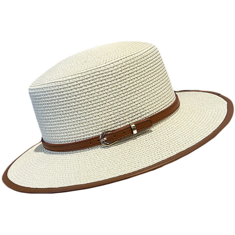 Straw woven wide-brimmed sun-protective flat-top hat for women, trendy summer French retro minimalist beach sun hat.