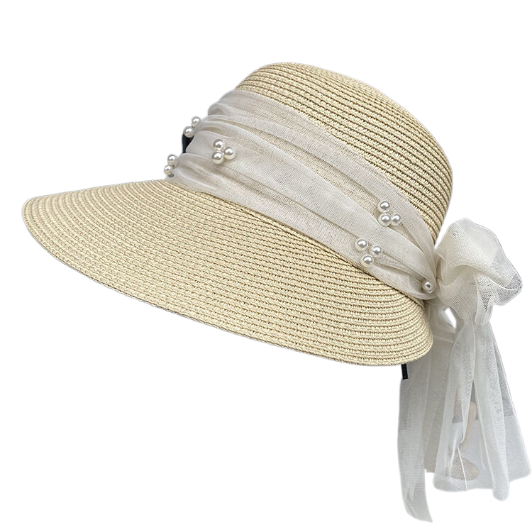 Women's French style pearl lace ribbon wide-brimmed duckbill straw hat, Chanel-style vacation beach sun protection hat