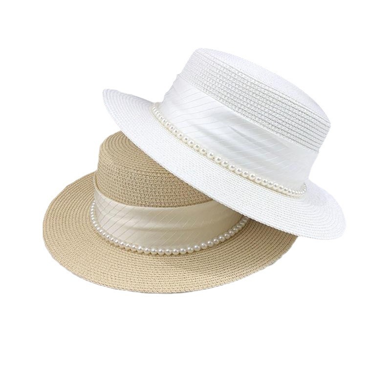 French-style flat-top hat, 2024 new summer elegant pearl straw woven beach sun protection hat for women.