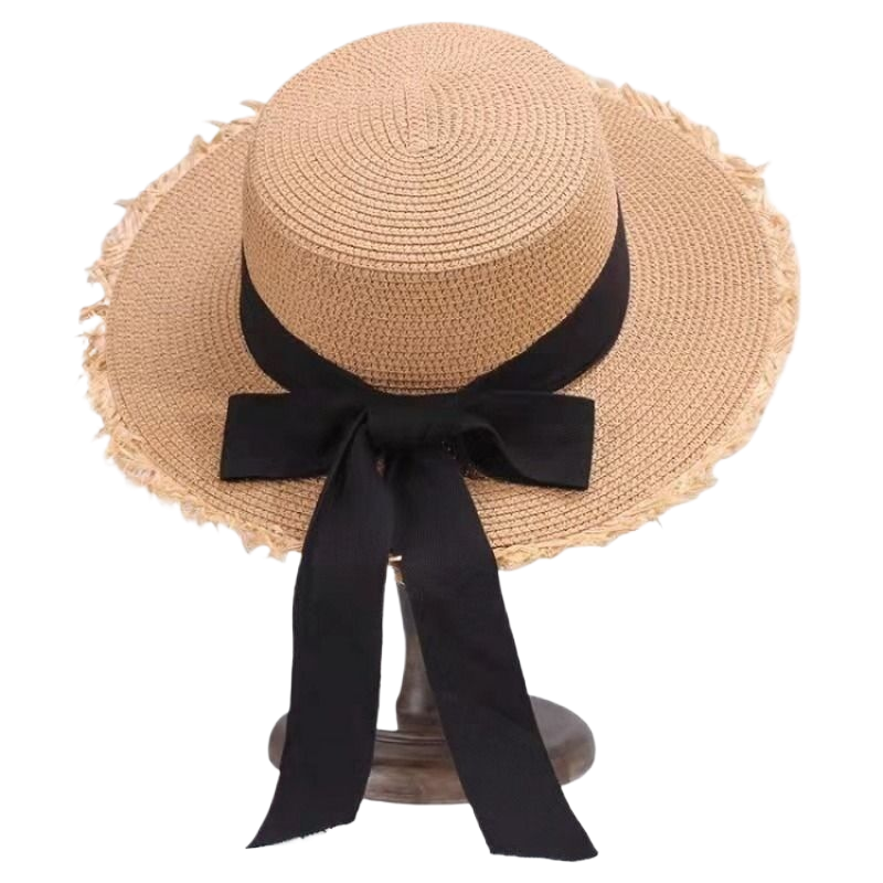 Women's straw hat with frayed brim, flat top, suitable for summer vacations and outings, woven straw sun hat with bow, sunshade, beach hat, wide brim