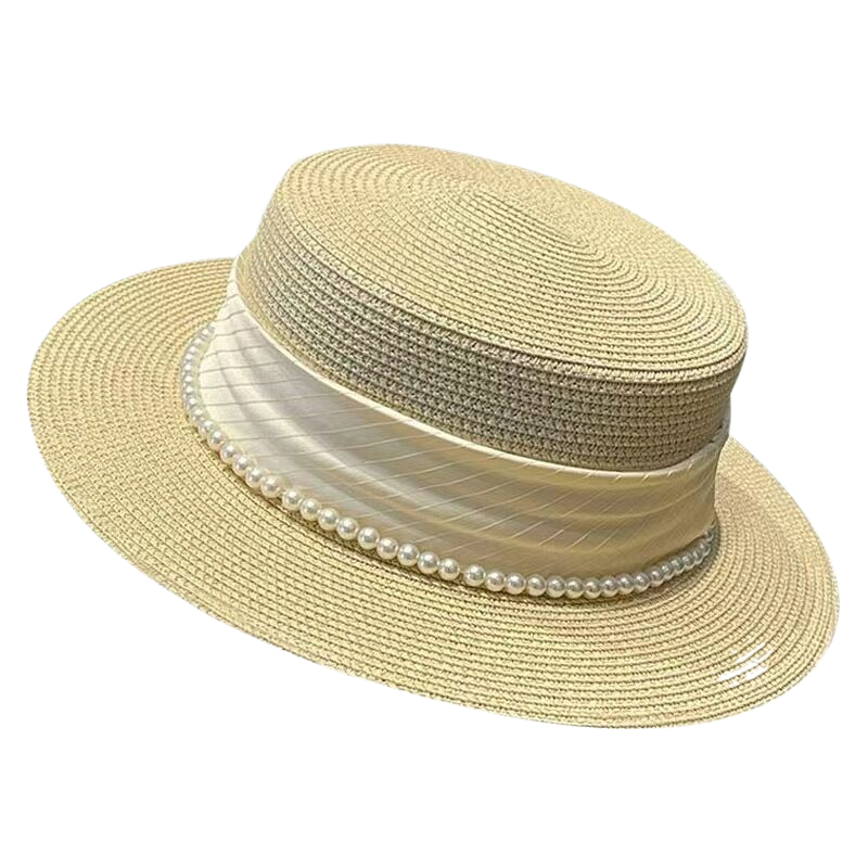New French-style elegant satin pearl hat for women, perfect for summer vacations and outings, sun protection, flat-top straw hat