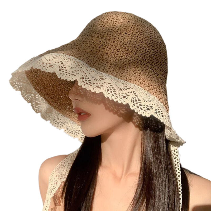 French-style lace-trimmed sun hat for women, summer wide-brimmed fisherman's hat with ribbon, foldable sun hat for the beach.
