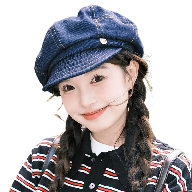 Retro denim beret, artsy and stylish octagonal newsboy cap, versatile and flattering, cloud-shaped painter hat.