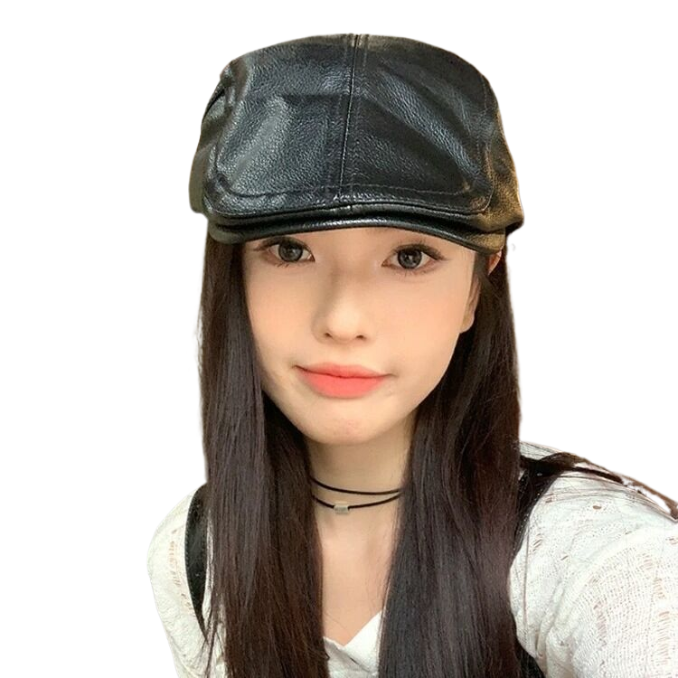 Hong Kong style retro high-quality PU leather cap for women, autumn and winter, large head circumference, face-slimming duckbill cap, British dad cap