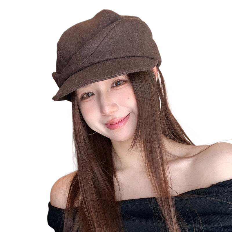 Japanese-style hat, perfect for covering the face without makeup, versatile suede bucket hat for women, suitable for autumn and winter, flattering for round faces, oversized octagonal beret.