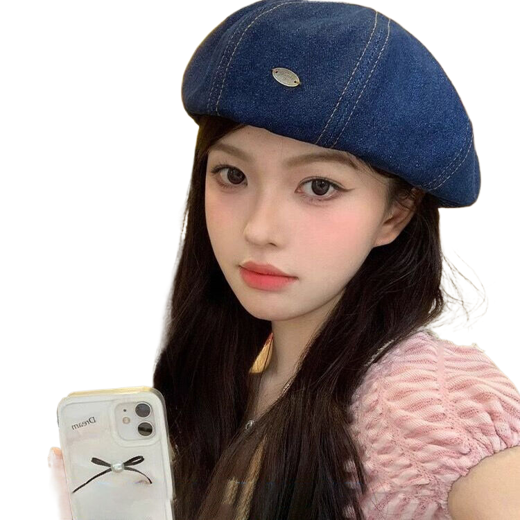 Women's denim beret hat, thin style for spring and summer, large head circumference, octagonal hat, Japanese style, popular internet celebrity painter hat, cloud-shaped newsboy cap.