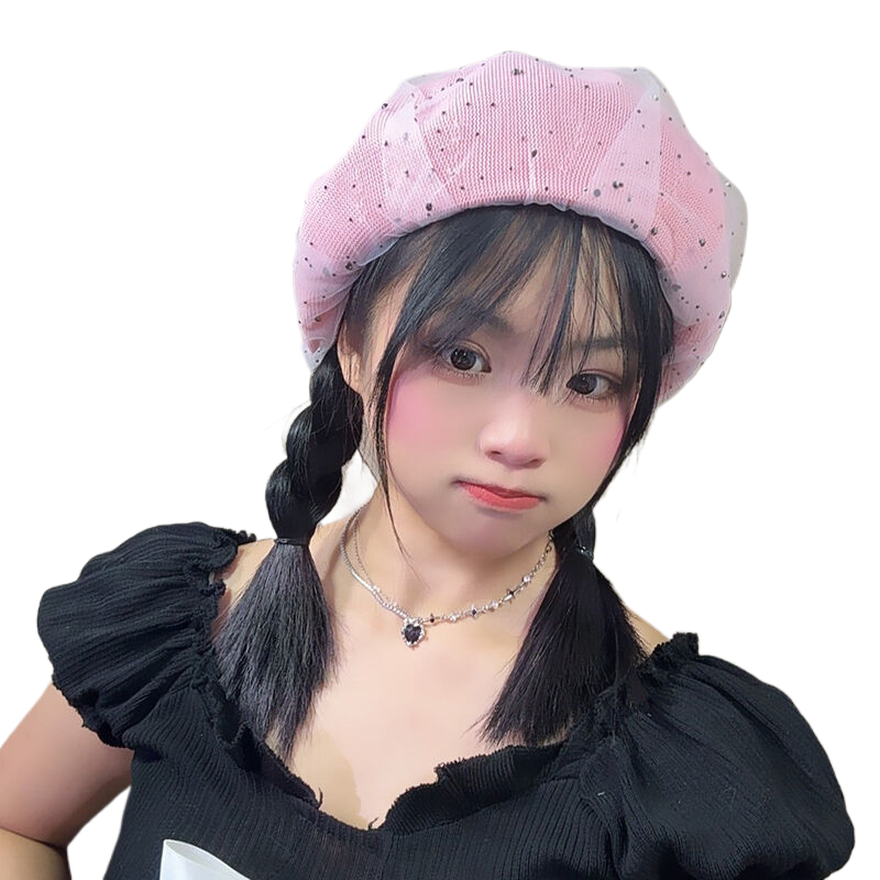 Stylish 3D mesh beret hat for women, thin and breathable, decorated with rhinestones, Korean style, versatile octagonal hat for summer.
