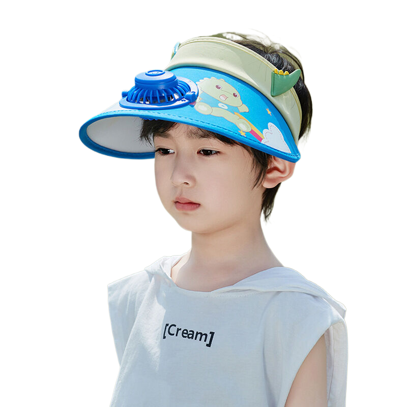 Children's cartoon cute sun protection visor hat for boys and girls, summer outdoor travel hat with fan, open-top design.