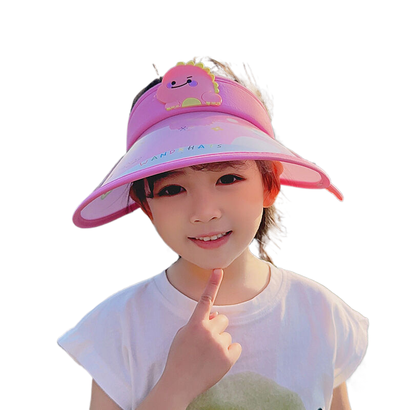 Long-lasting battery life fan hat for children, USB rechargeable, wide-brimmed open-top hat, cartoon dinosaur design, sun protection hat for summer.
