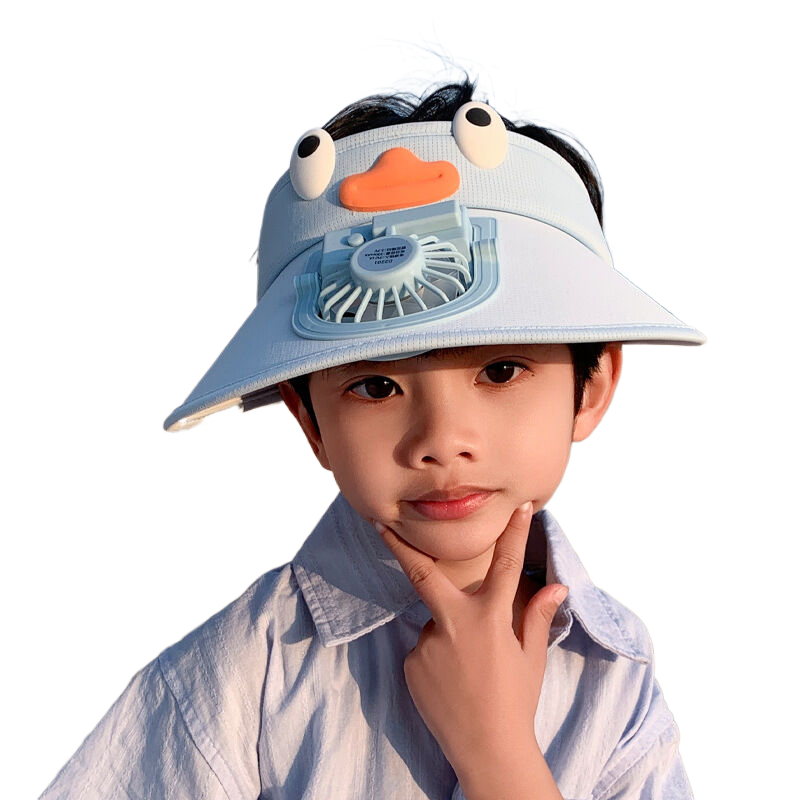Children's summer hat, suitable for boys and girls, outdoor wide-brimmed sun hat with fan, cute cartoon design, sun protection, open-top hat.