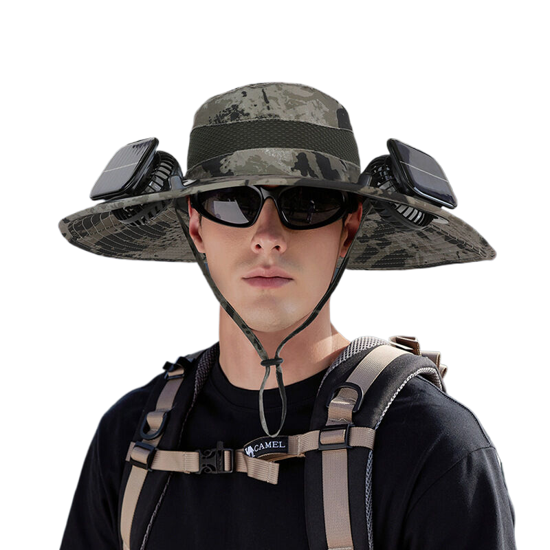 Dual-fan solar-powered hat, perfect for summer outdoor activities such as hiking, fishing, and sun protection.  Camouflage wide-brimmed men's fisherman's hat.