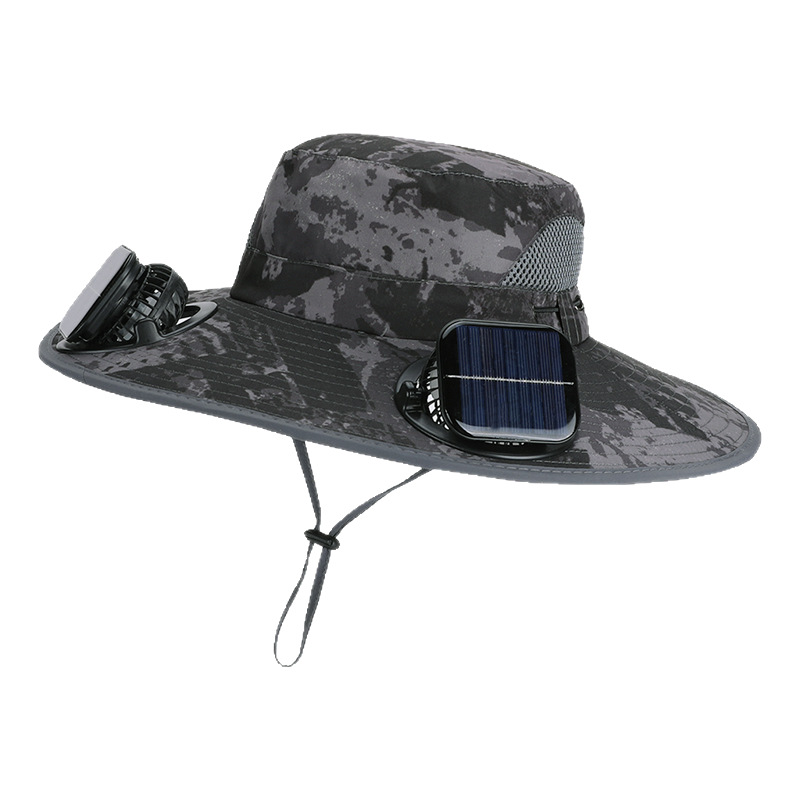 Men's Solar-Powered Dual-Fan Hat, Outdoor Hiking and Fishing Sun Hat, Ink Painting Style Wide-Brimmed Sun Protection Hat, Breathable Fisherman Hat