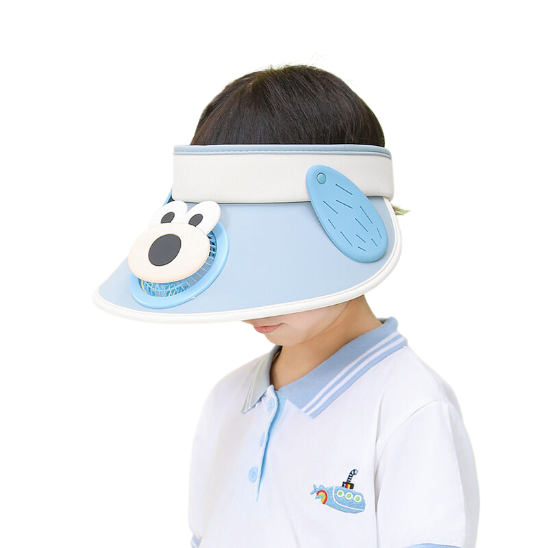 Children's cartoon cute sun hat, summer outdoor travel sun protection hat with rechargeable fan and wide brim open-top design.