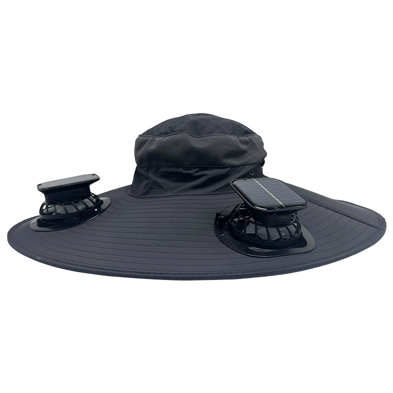 Summer wide-brimmed solar-powered rechargeable fan hat for adults, suitable for outdoor activities, gardening, fishing, sun protection, and face shading.